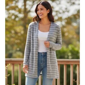 Chico’s Gray CoziSoft Striped Long-Sleeve Long Cardigan Medium